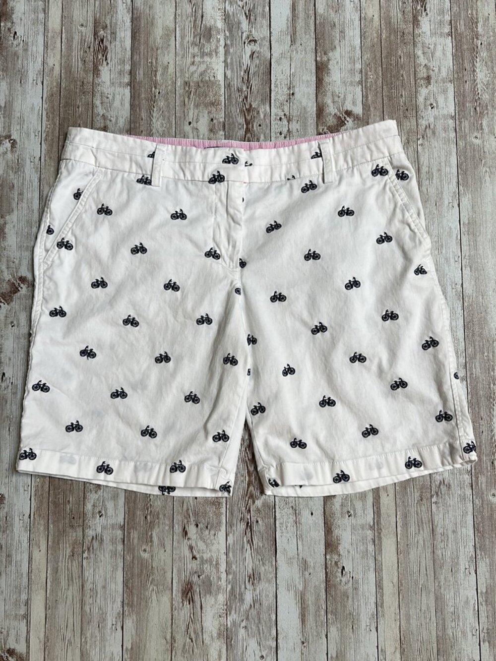 British Khaki Cotton Bermuda Shorts sz 10 Bicycle Embroidery Pockets White Black